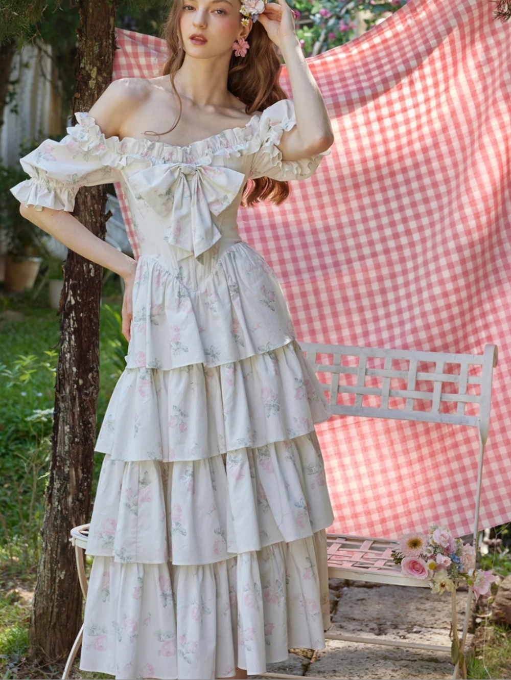 LaceMade Bloom In Coral Island Corset Cream Floral Tiered Puff-Sleeve Dress - Picture 3 of 13